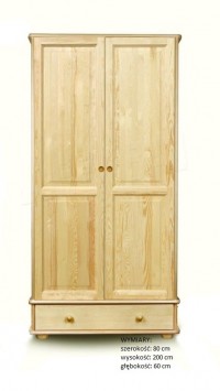 Szafa sosnowa 2 drzwiowa z drążkiem półkami i szufladą 80x200x60