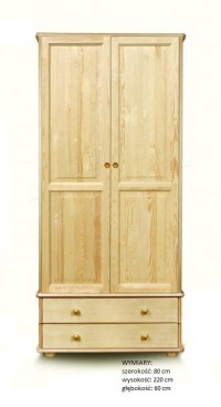 Szafa sosnowa 2 drzwiowa z drążkiem półkami i szufladami 80x220x60