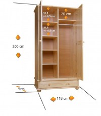 Szafa sosnowa 2 drzwiowa z drążkiem półkami i szufladą 118x200x60