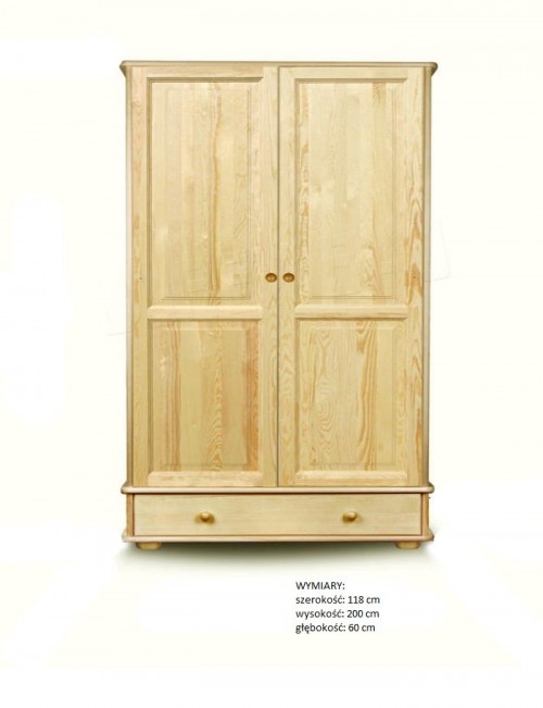 Szafa sosnowa 2 drzwiowa z drążkiem półkami i szufladą 118x200x60