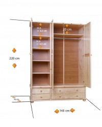 Szafa sosnowa 3 drzwiowa z drążkiem ,półkami i szufladami 148x220x60