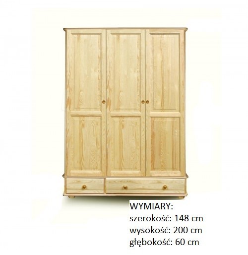 Szafa sosnowa 3 drzwiowa z drążkiem ,półkami i szufladami 148x200x60