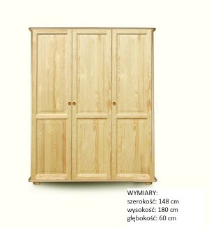 Szafa sosnowa 3 drzwiowa z drążkiem i półkami 148x180x60
